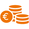 Orangenes Icon mit Geldmünzen und Euro-Symbol